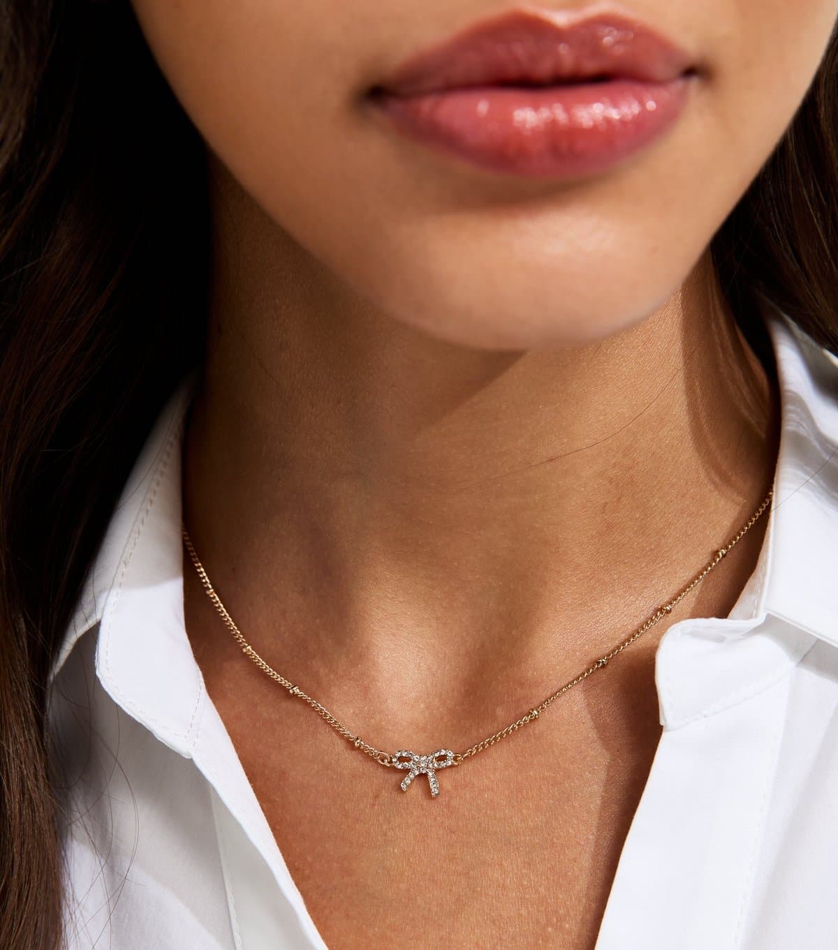 New Look Gold Tone Diamante Bow Necklace New Look