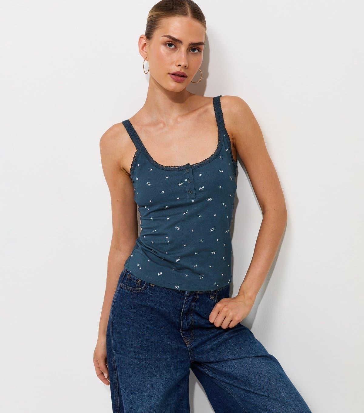 New Look Women's Blue Floral Cotton Rich Floral Lace Trim Henley Tank Top New Look