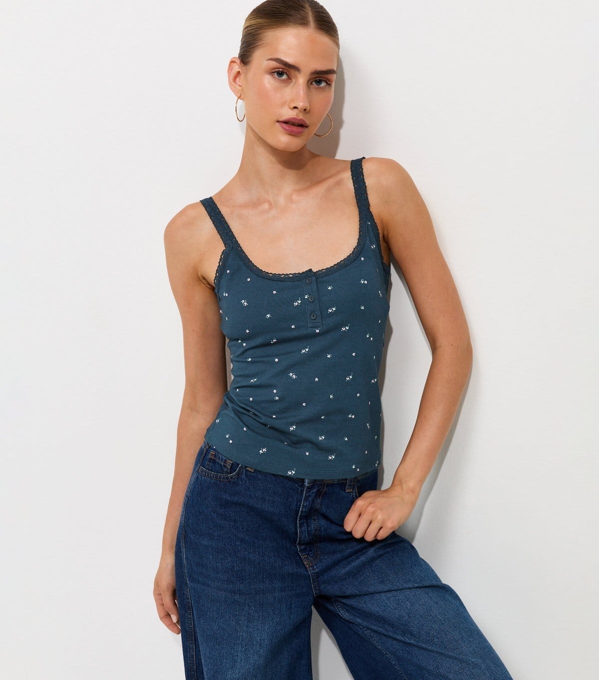 New Look Women's Blue Floral Cotton Rich Floral Lace Trim Henley Tank Top New Look - 1