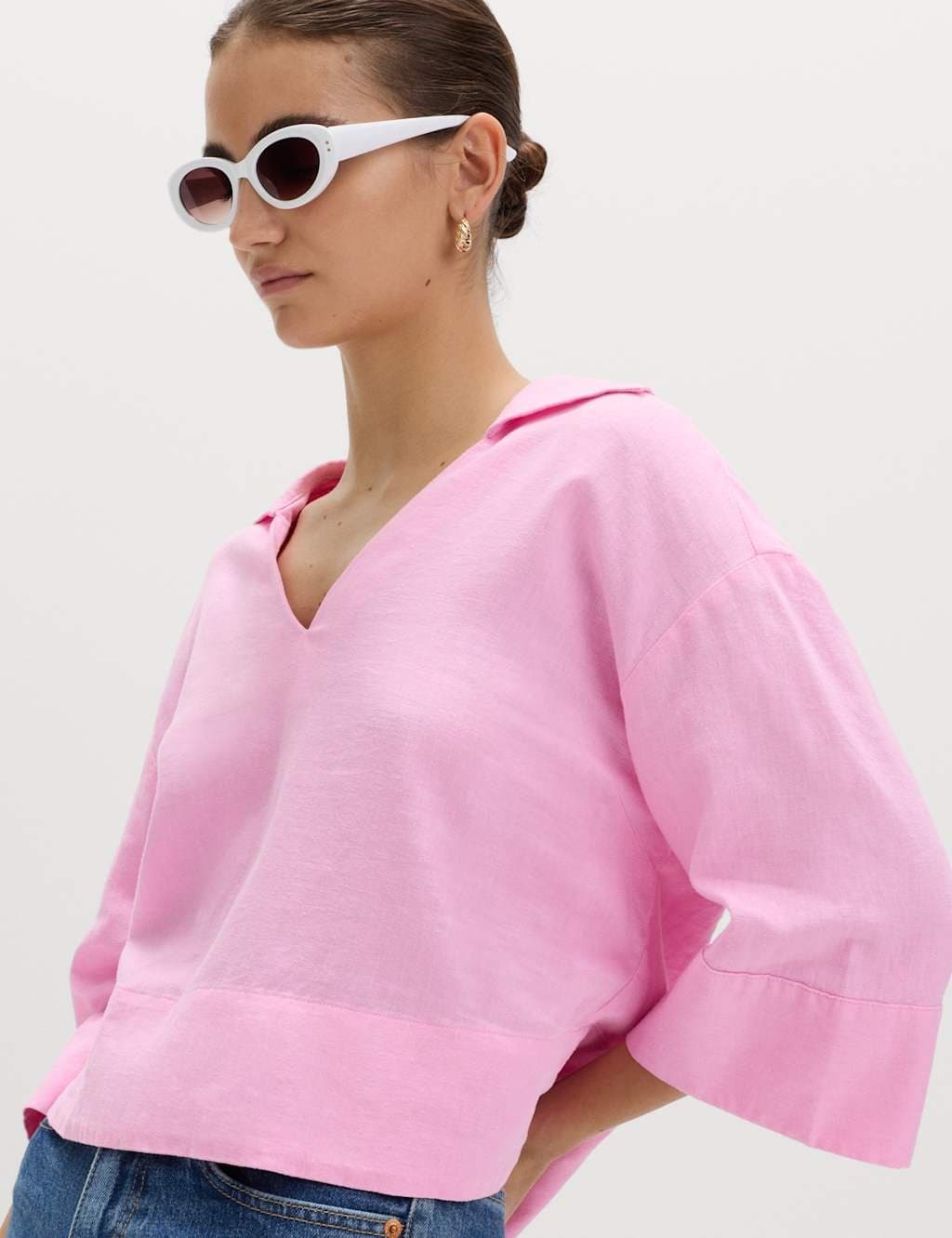 Marks & Spencer M&S Linen Rich Collared Crop Top Sugar Pink