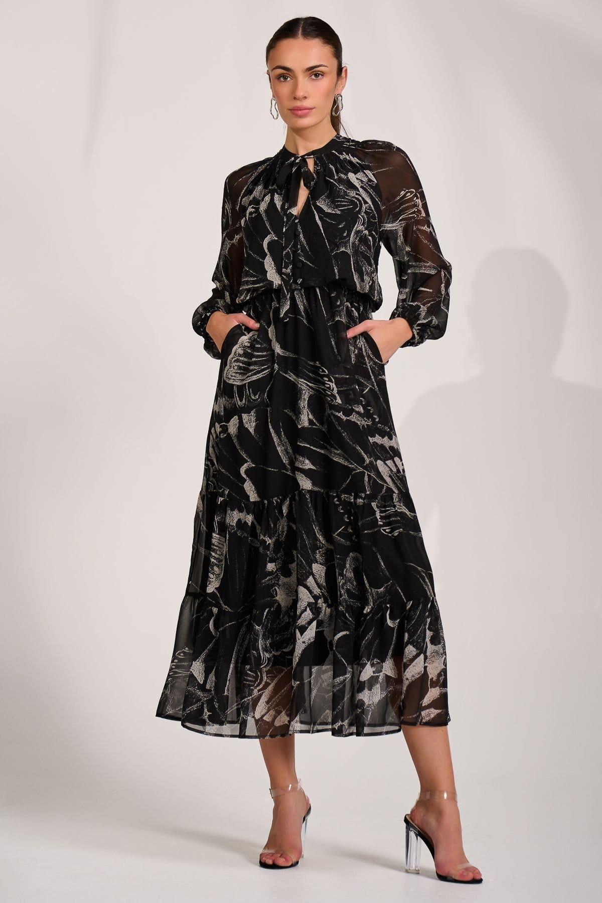 Jolie Moi Black Chiffon Long Sleeve Tiered Maxi Dress