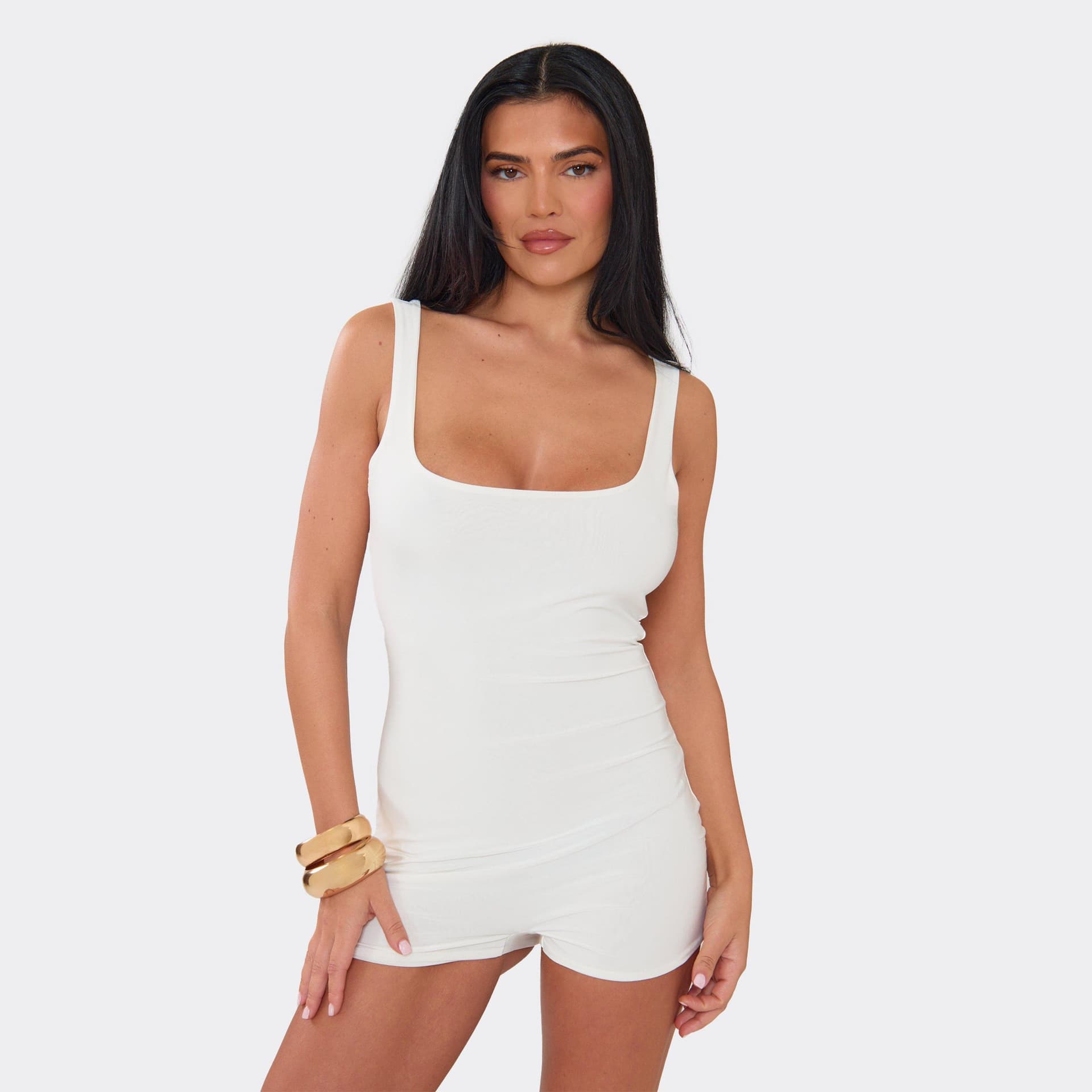 EGO Square Neck Scoop Back Playsuit In White Slinky, Women's Size UK 6