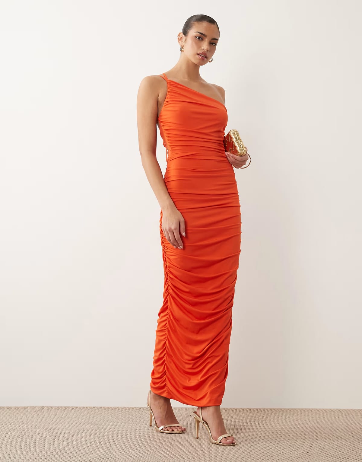 ASOS TFNC slinky one shoulder ruched open back maxi dress in orange - 1