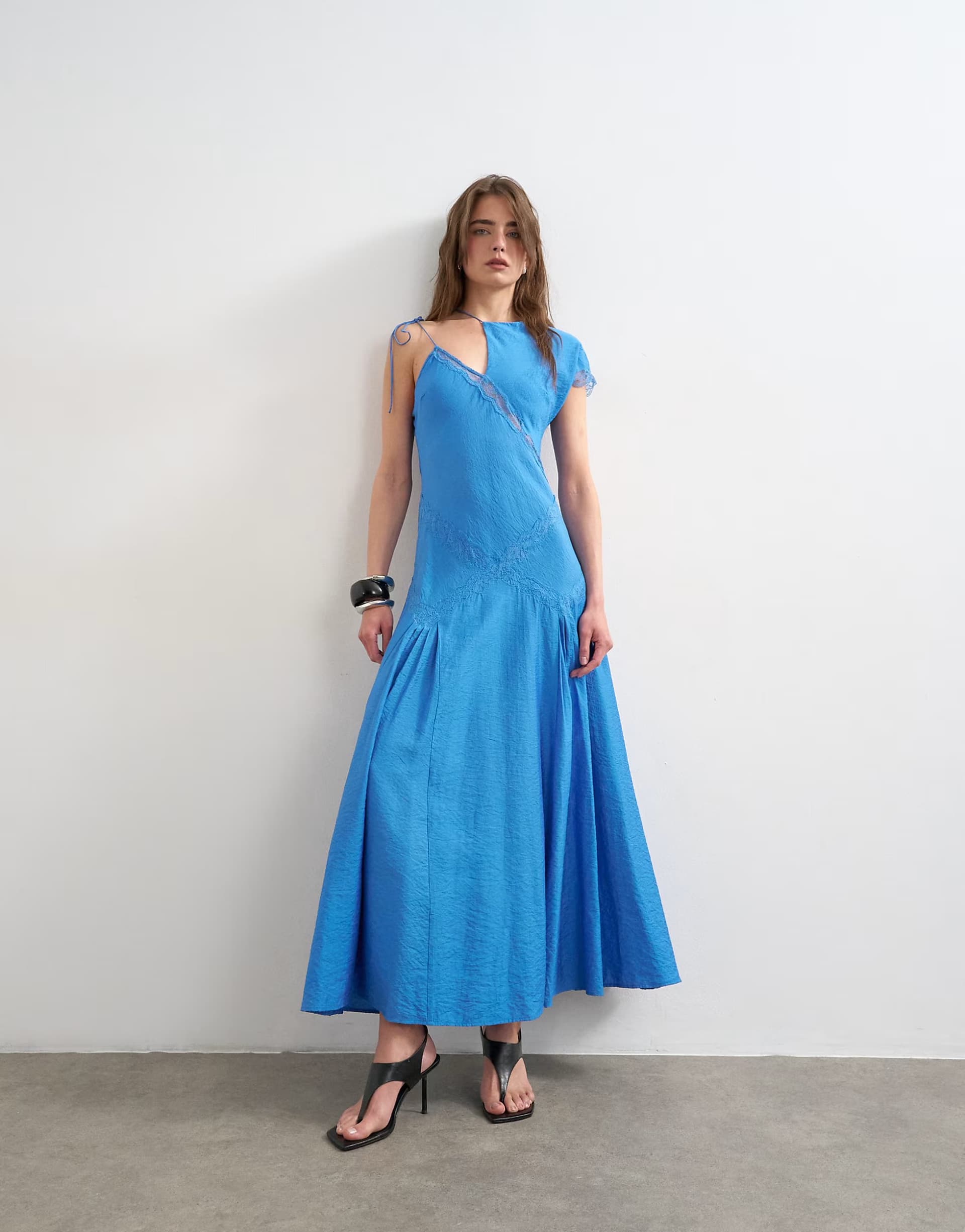 ASOS Topshop one sleeve crinkled maxi dress with lace inserts in cornflower blue