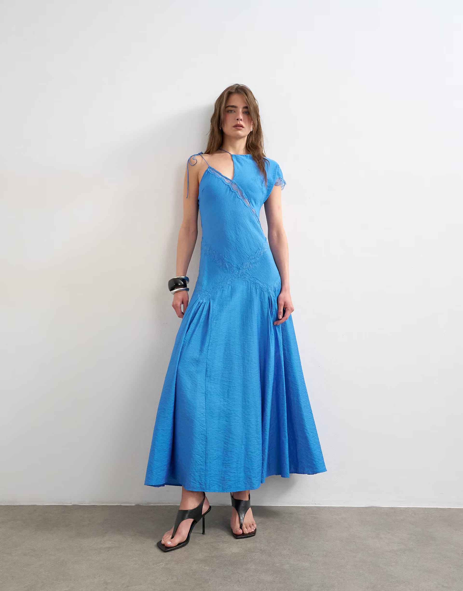ASOS Cornflower Blue One-Sleeve Crinkled Maxi Dress with Lace