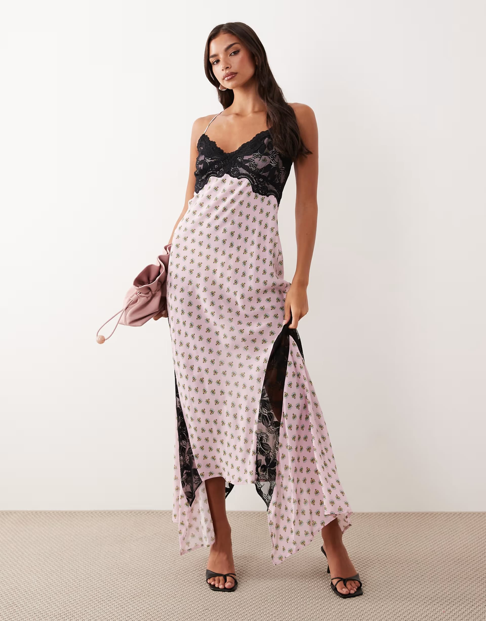ASOS AFRM Vince printed mesh lace detail cross back midi dress in pink polka dot