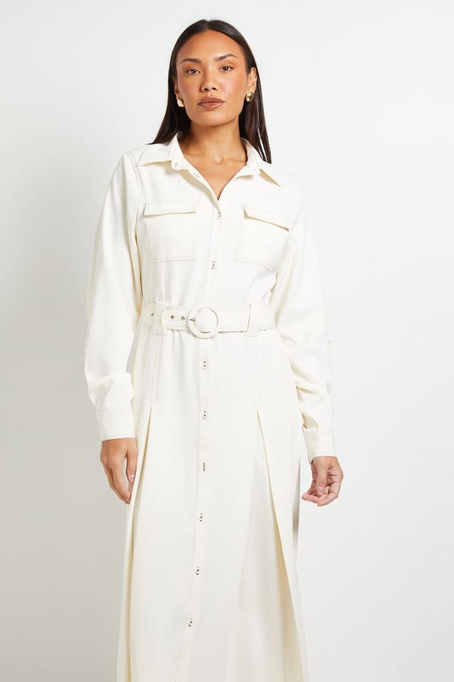 Principles Principles Women's Contrast Stitch Belted Utility Dress in Ecru - 2