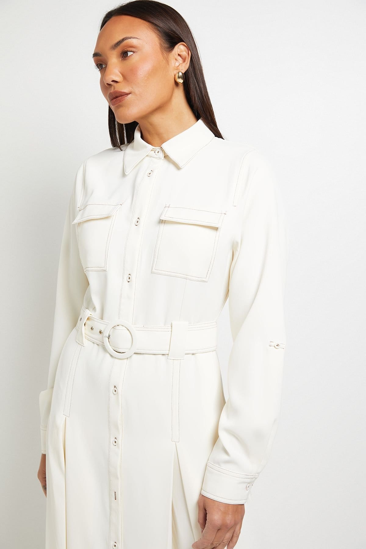 Principles Principles Women's Contrast Stitch Belted Utility Dress in Ecru - 4