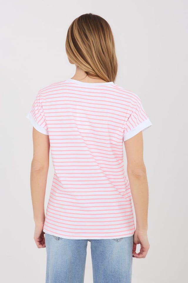 Love Lace Love Lace Women's Classic Striped Cotton T-Shirt Elastane in Pink - 3