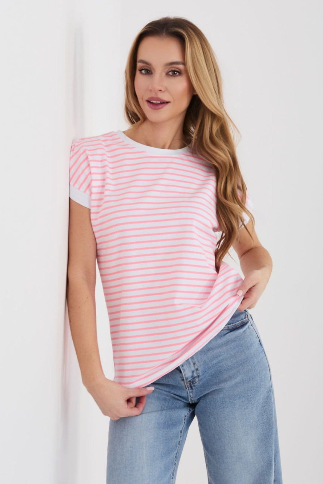 Love Lace Love Lace Women's Classic Striped Cotton T-Shirt Elastane in Pink - 4
