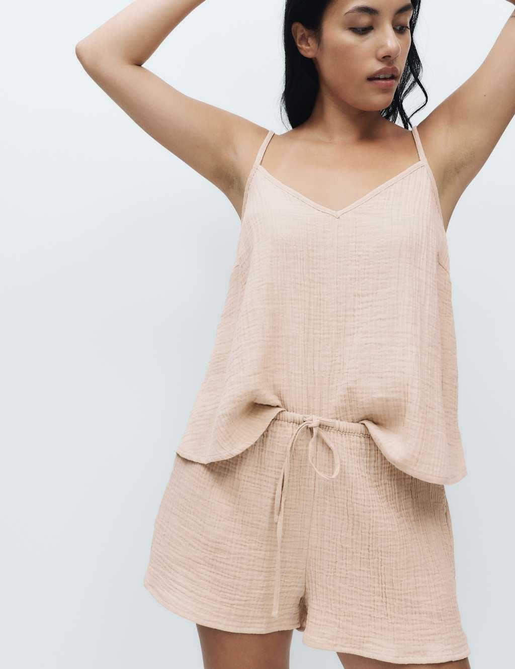 Marks & Spencer M&S Muslin Cami Shortie Pyjama Set Fawn