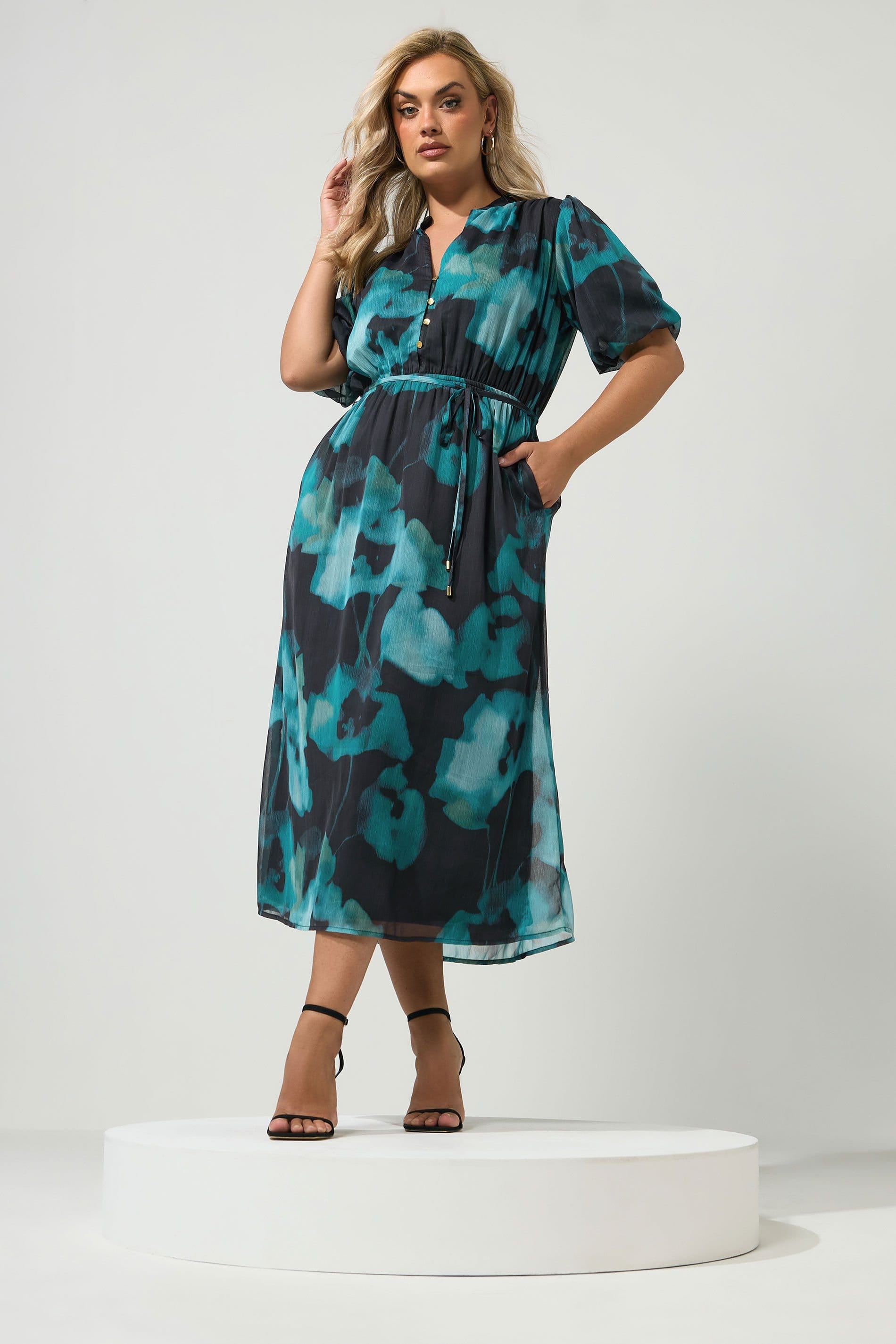 Yours Yours Women's Puff Sleeve Shirt Dress in Teal - 4
