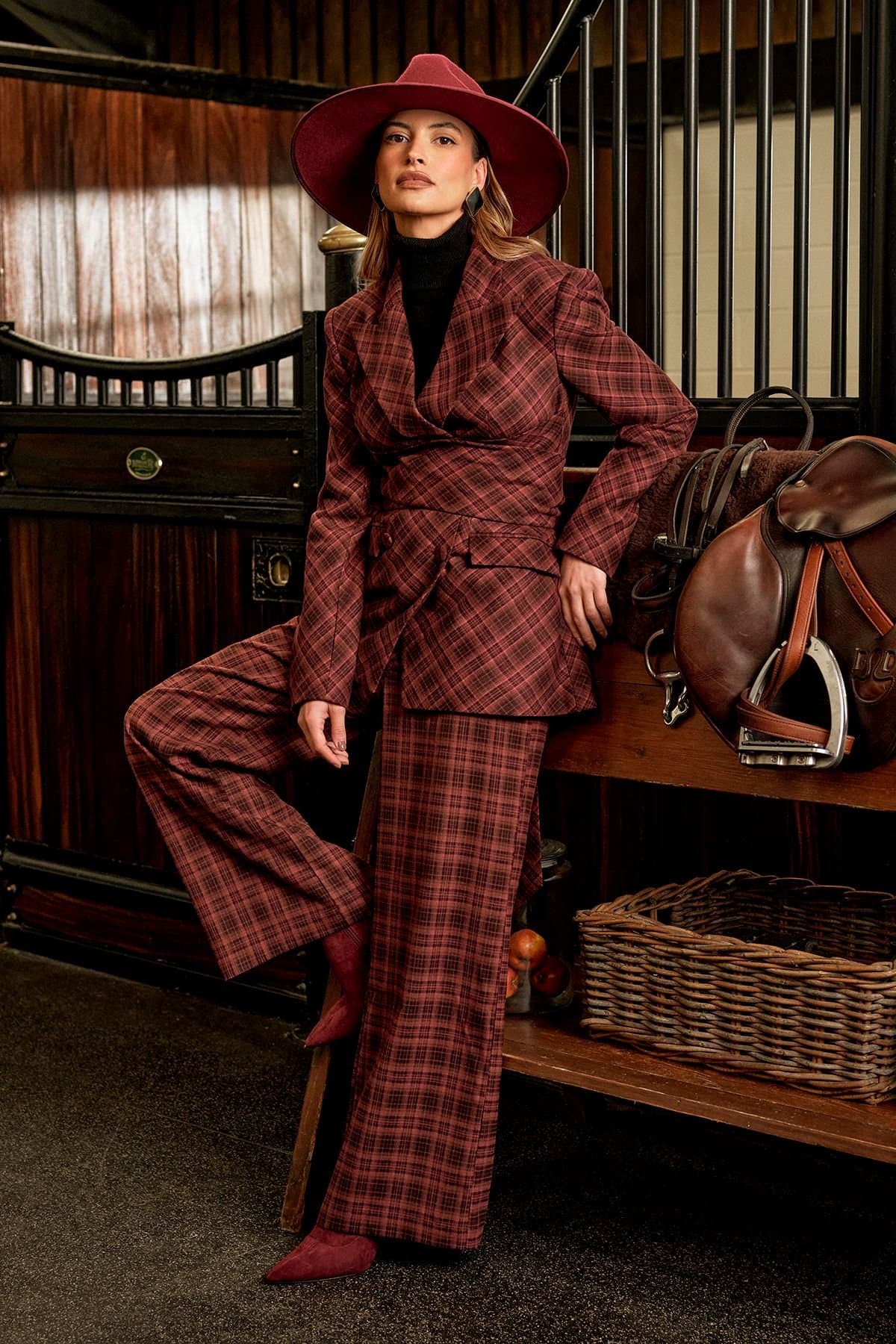 Coast Coast Women's Lisa Tan Premium Check Wrap Front Blazer in Berry