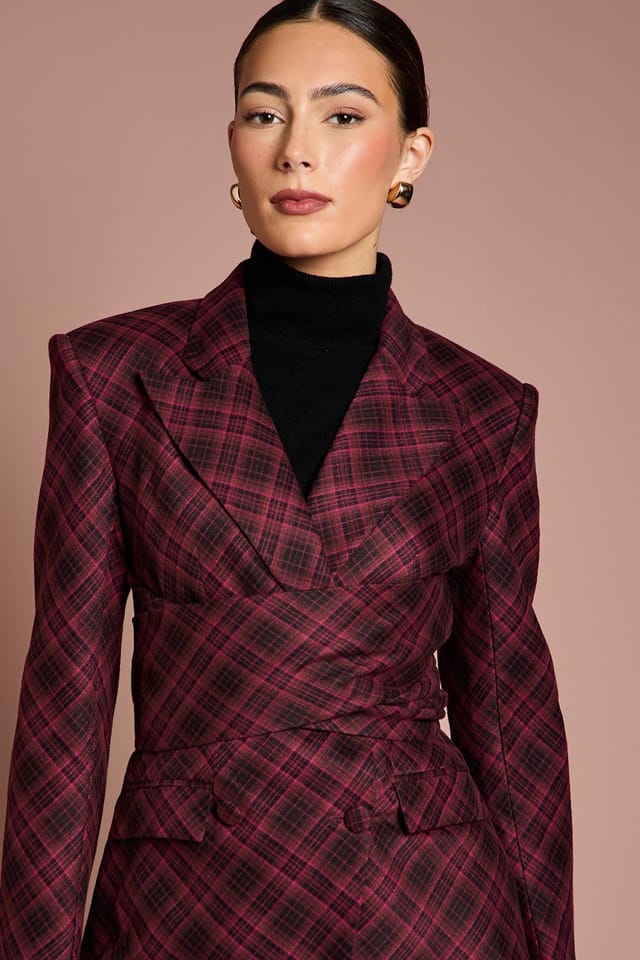 Coast Coast Women's Lisa Tan Premium Check Wrap Front Blazer in Berry - 2