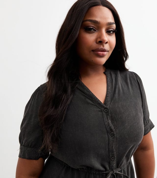 New Look Women's Plus Size Black Denim V Neck Short Sleeve Front Tie Mini Dress Curves New Look - 2