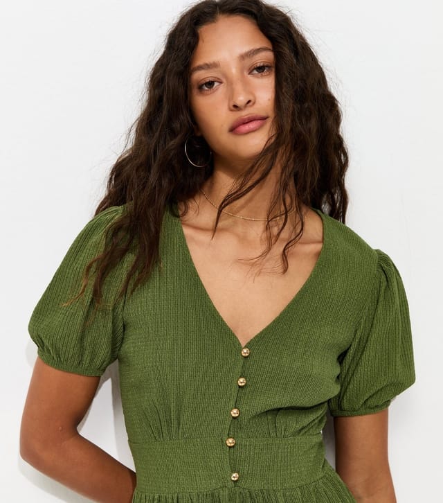 New Look Women's Green Crinkle Texture V-Neck Button Front Mini Dress New Look - 3