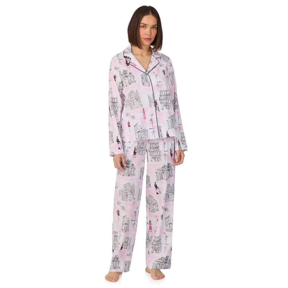 DKNY DKNY Women's Long sleeve notch top & pant sleep set in white city print in Pink