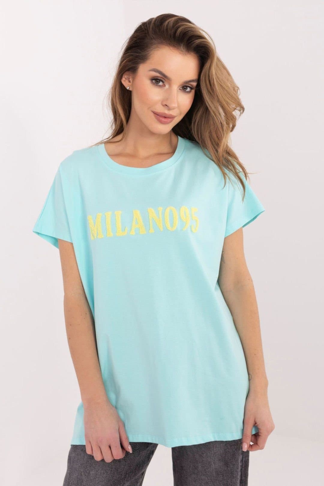 Love Lace Love Lace Women's Embossed Casual Cotton T-Shirt with Slits in Aqua