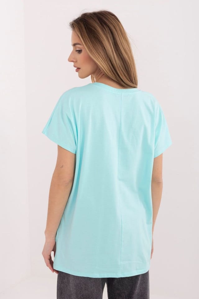 Love Lace Love Lace Women's Embossed Casual Cotton T-Shirt with Slits in Aqua - 3