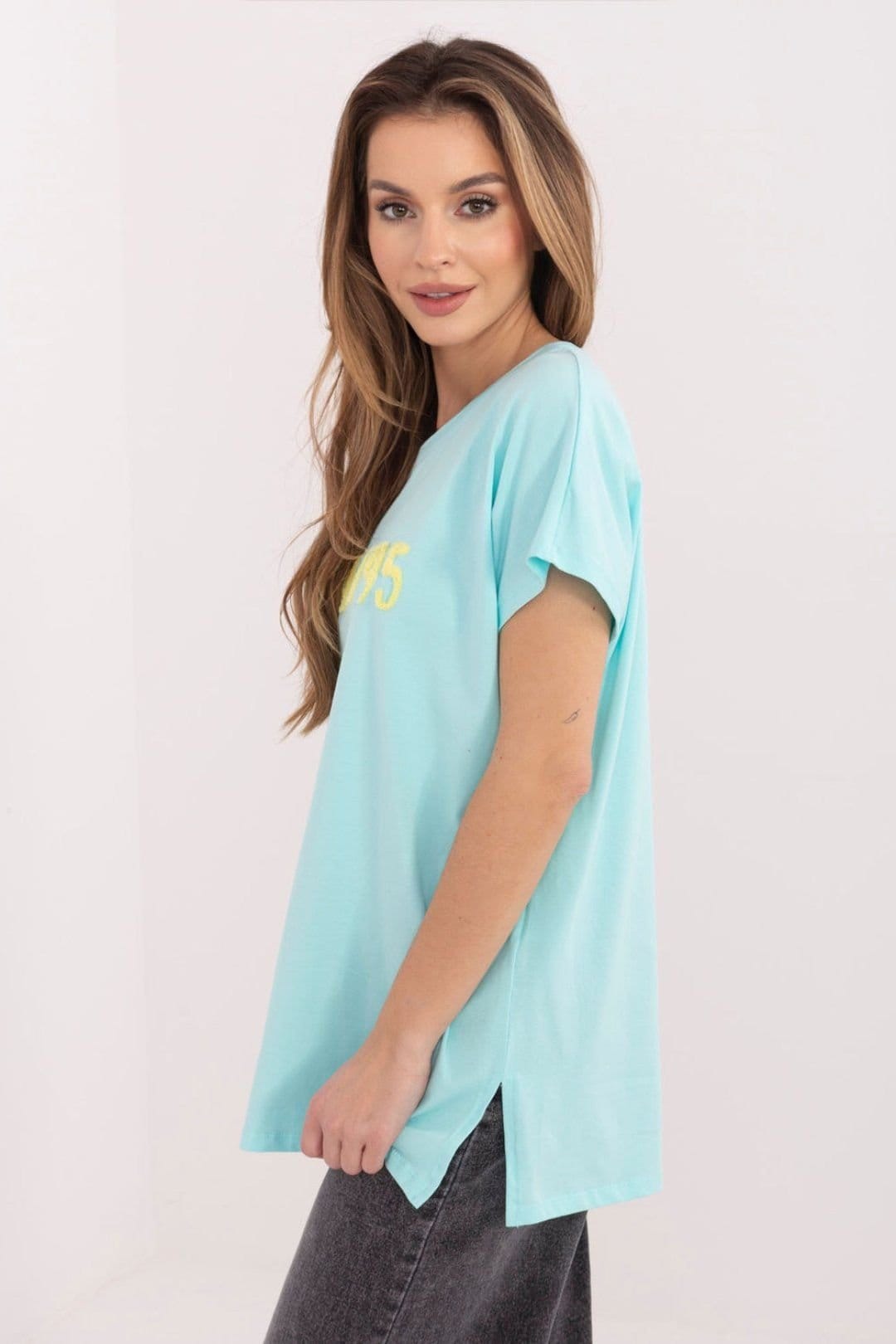 Love Lace Love Lace Women's Embossed Casual Cotton T-Shirt with Slits in Aqua - 4