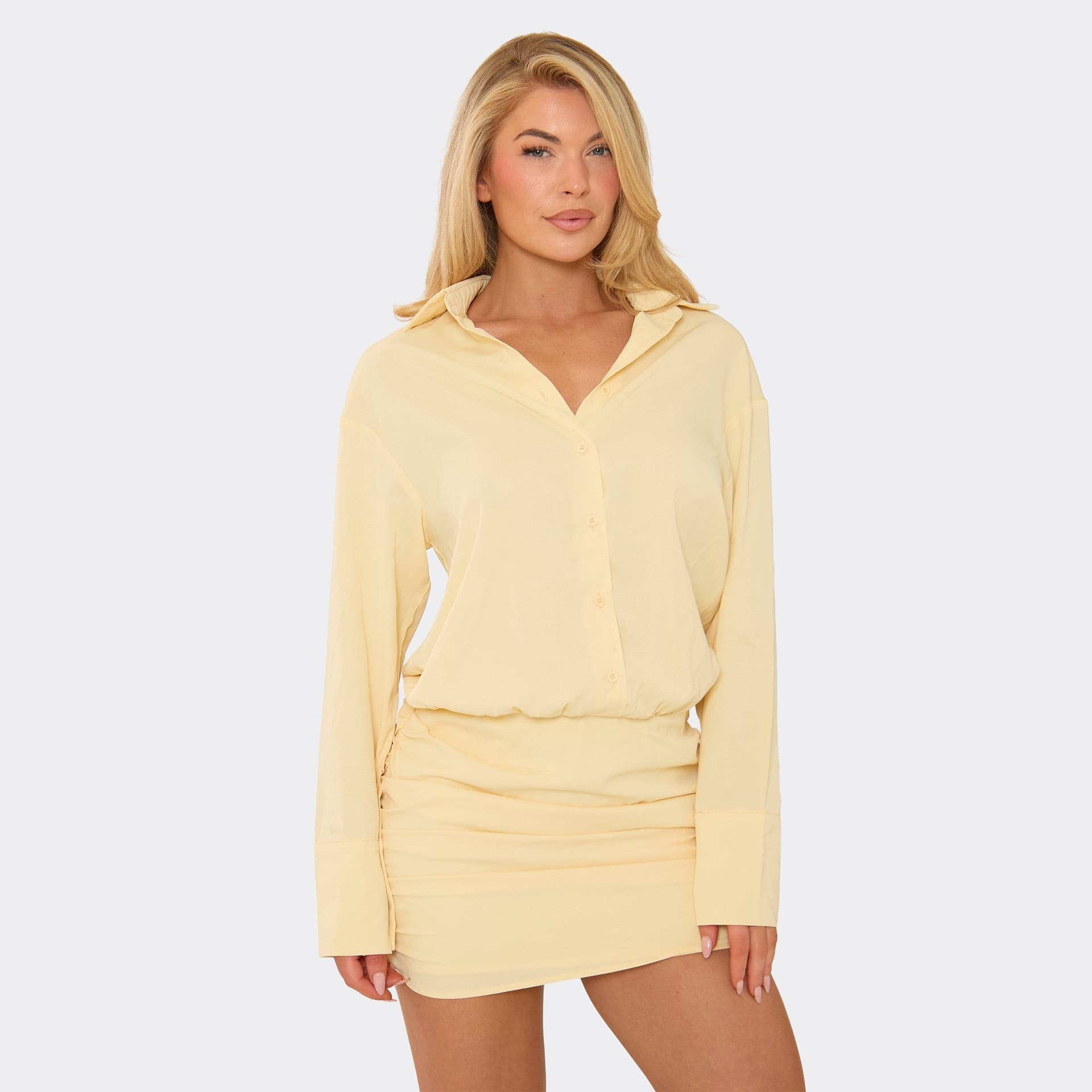 EGO Long Sleeve Button Down Collared Mini Shirt Dress In Lemon, Women's Size UK 6