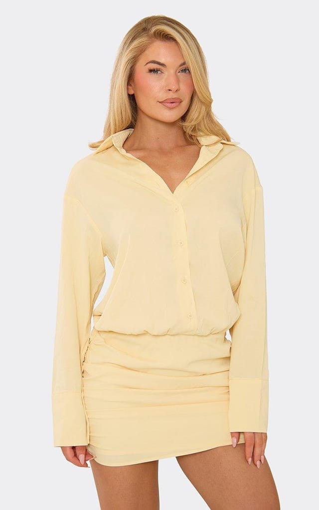 EGO Long Sleeve Button Down Collared Mini Shirt Dress In Lemon, Women's Size UK 6 - 2