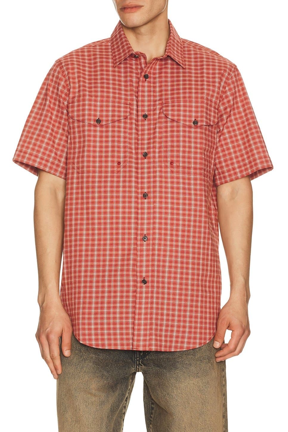 revolve Twin Lakes Brick & Cream Plaid Short Sleeve Sport Shirt