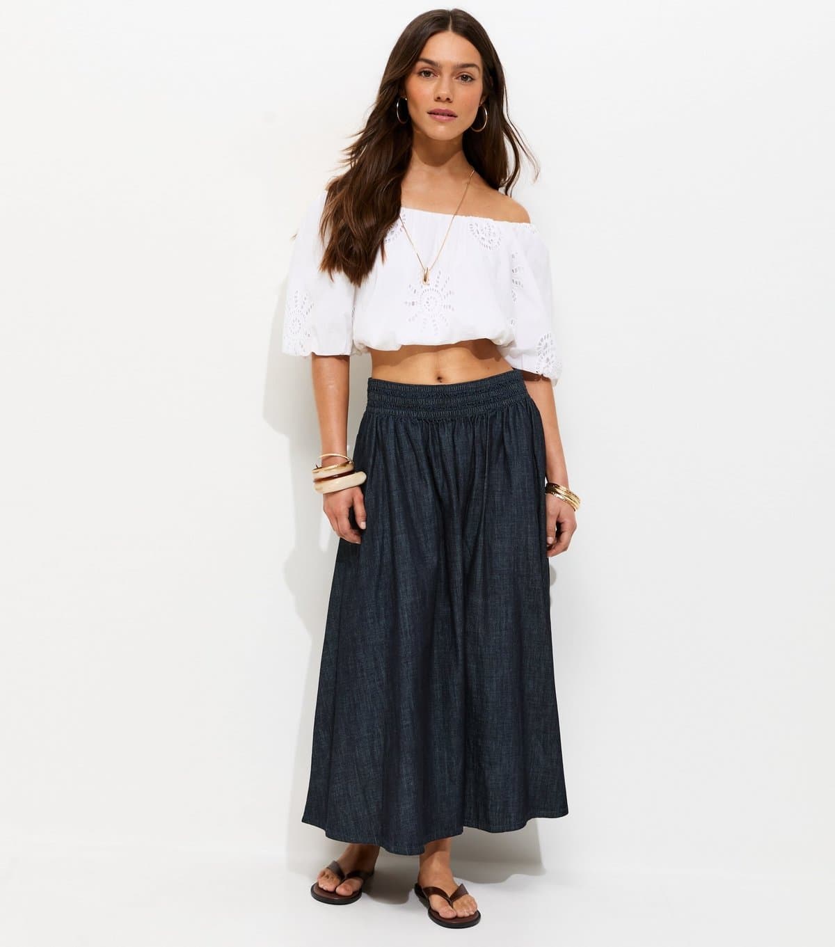 New Look Women's Petite Navy Shirred Midi Skirt New Look