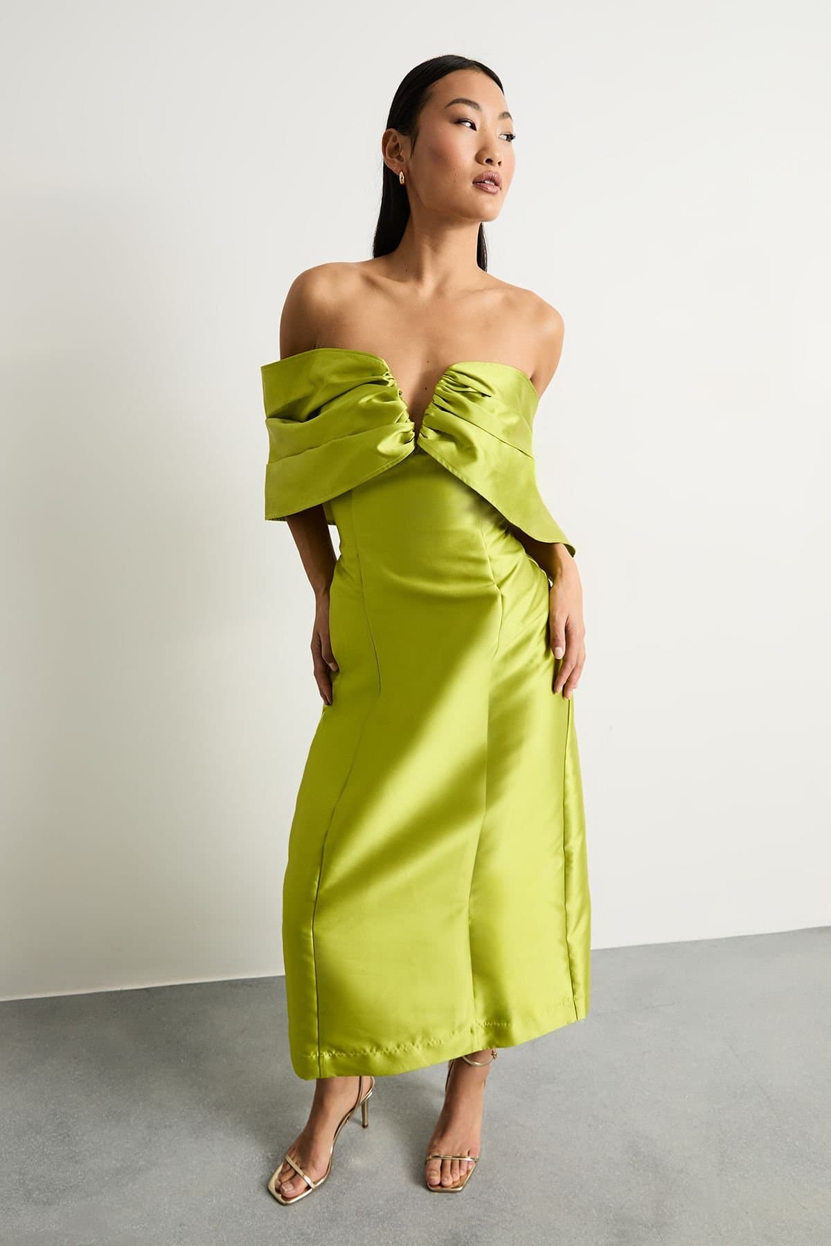 Warehouse Warehouse Women's Petite Satin Twill Notch Front Bardot Midi Dress in Chartreuse