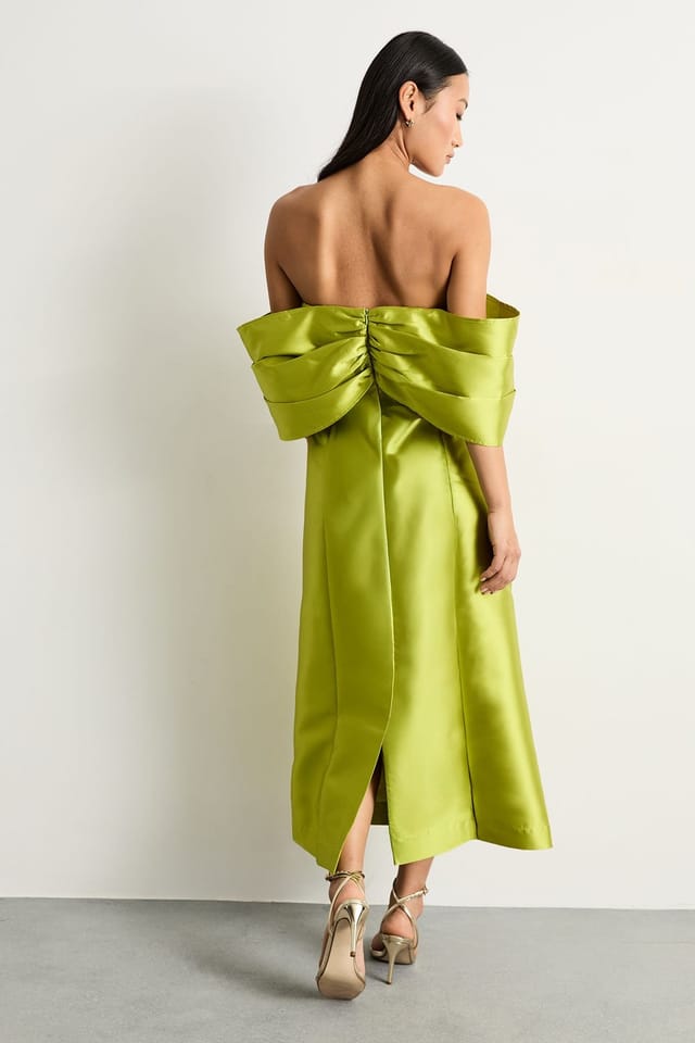 Warehouse Warehouse Women's Petite Satin Twill Notch Front Bardot Midi Dress in Chartreuse - 3