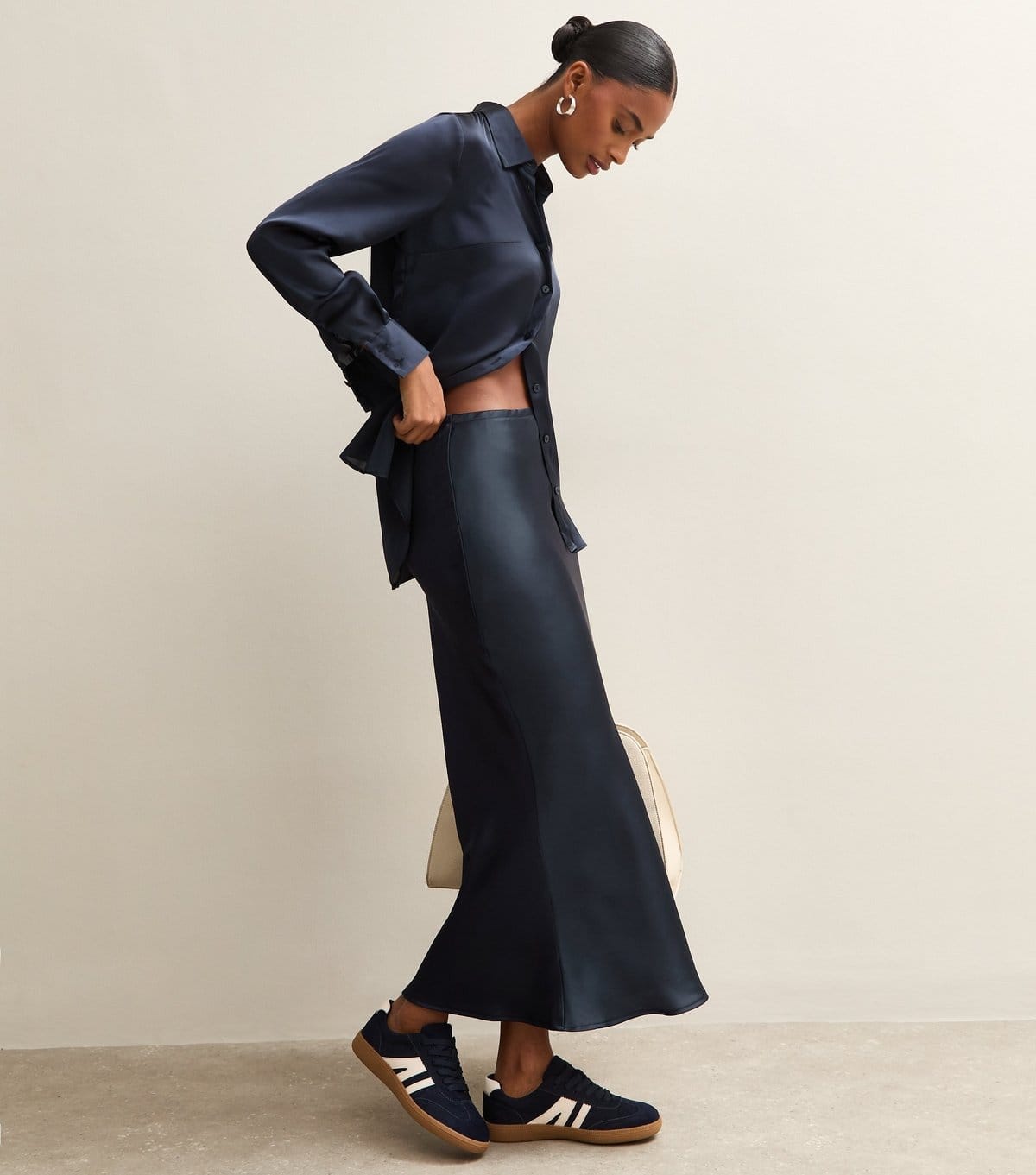 Women's Navy Satin Bias Cut Midi Skirt New Look