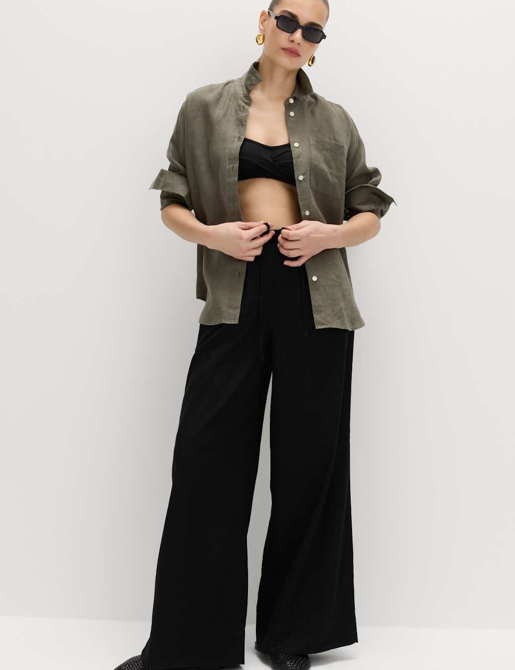 Marks & Spencer M&S Linen Rich Drawstring Wide Leg Trousers Black