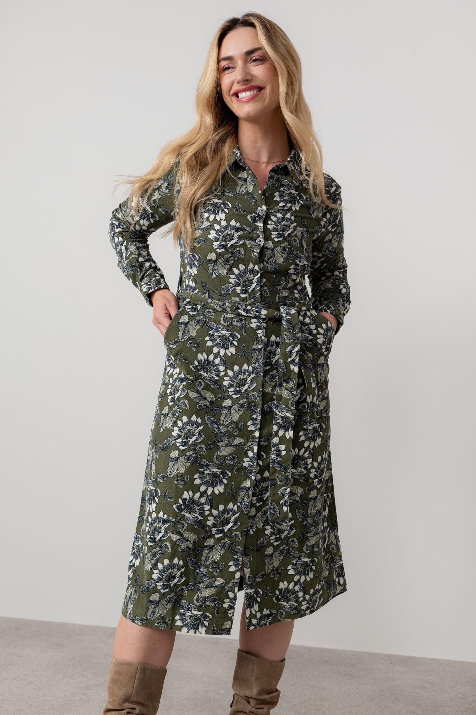Lily & Me Lily & Me Women's Anya Cotton Pincord Midi Shirt Dress with Full length sleeves in Green
