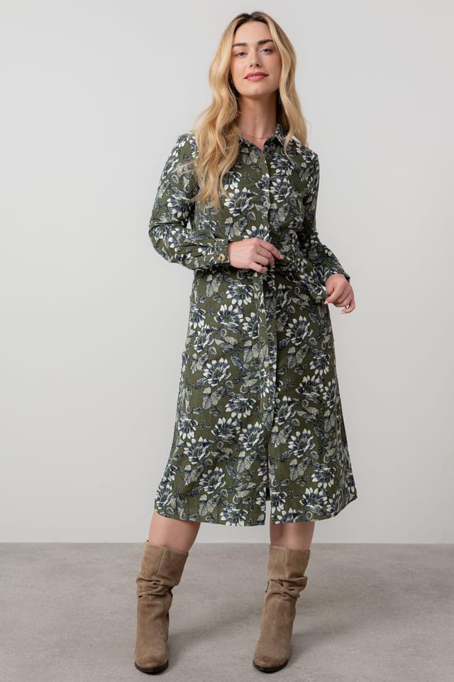 Lily & Me Lily & Me Women's Anya Cotton Pincord Midi Shirt Dress with Full length sleeves in Green - 2
