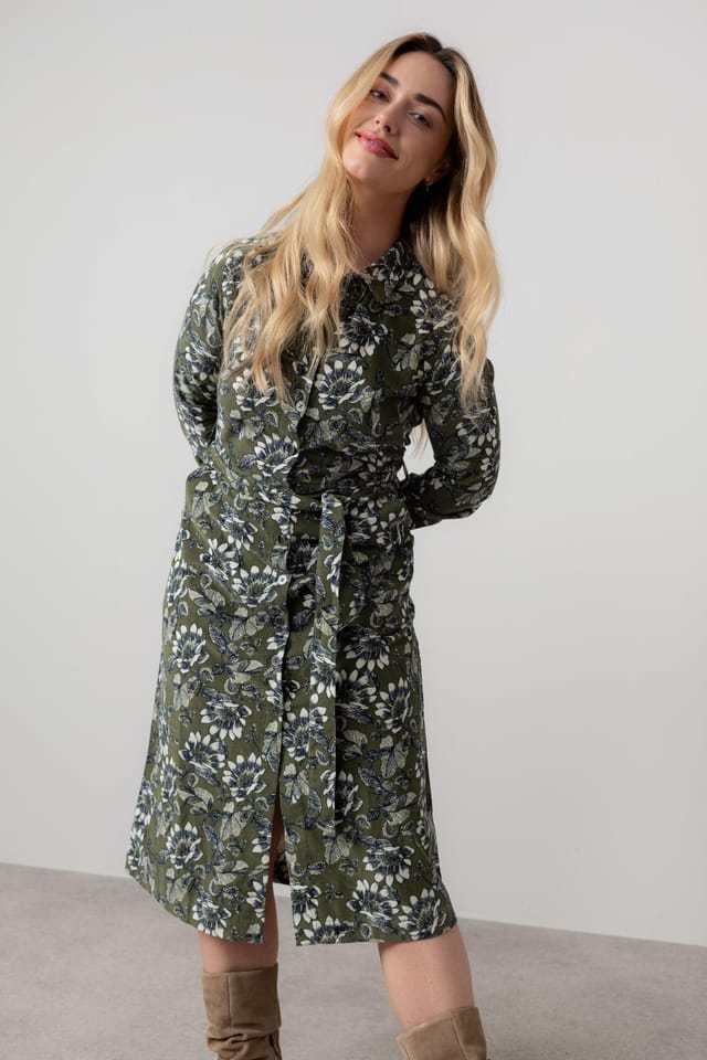 Lily & Me Lily & Me Women's Anya Cotton Pincord Midi Shirt Dress with Full length sleeves in Green - 3