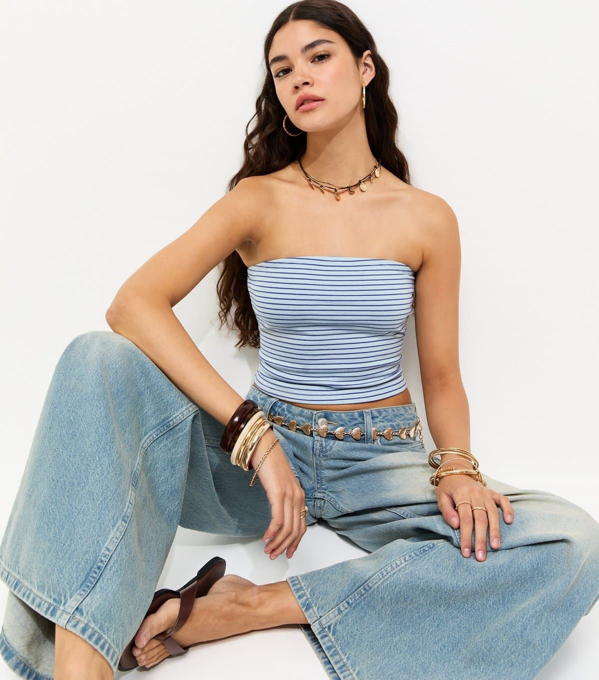 New Look Women's Blue Cotton Rich Striped Bandeau Top New Look