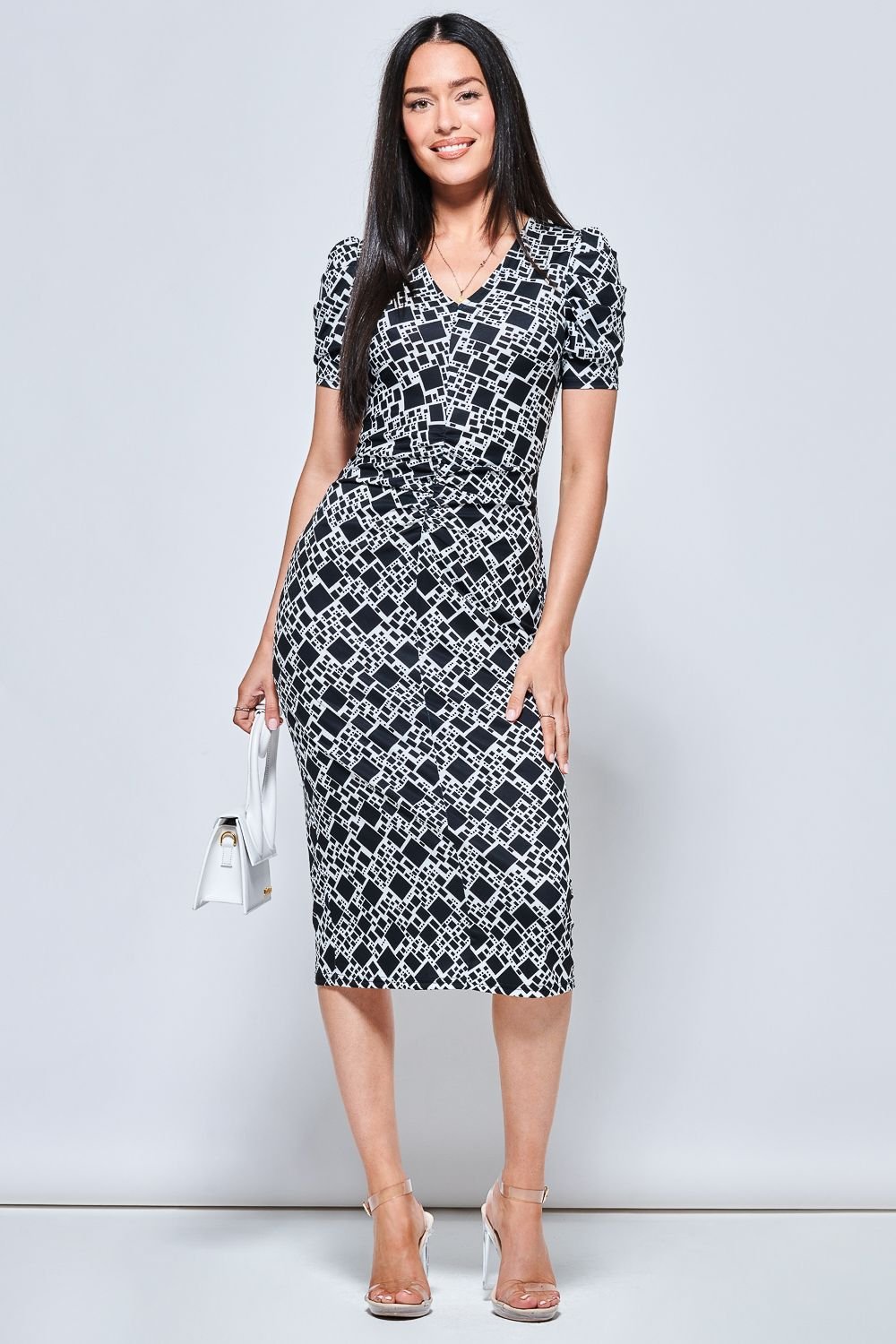 Jolie Moi Jolie Moi Women's V Neck Bodycon Midi Dress in Black - 3