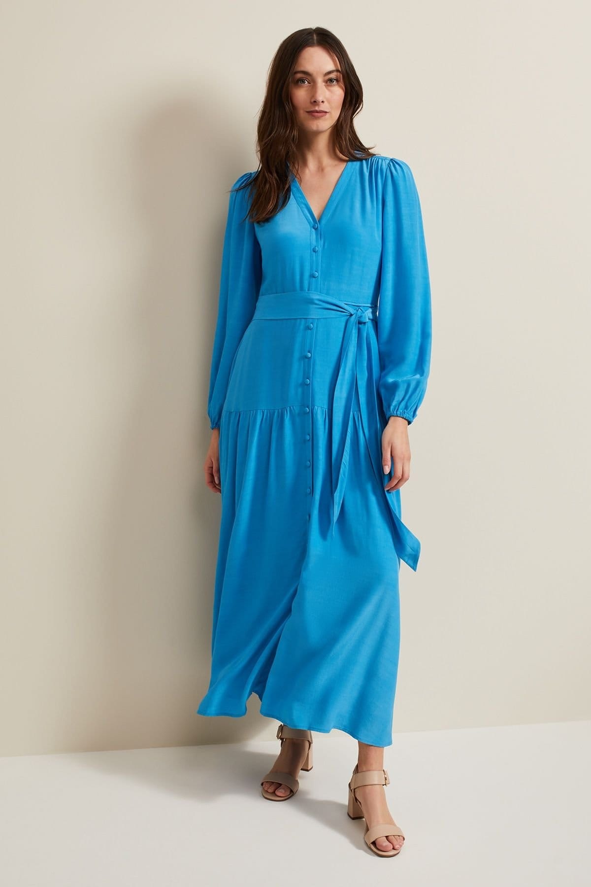 Phase Eight Bright Blue Satin Button-Through Maxi Dress