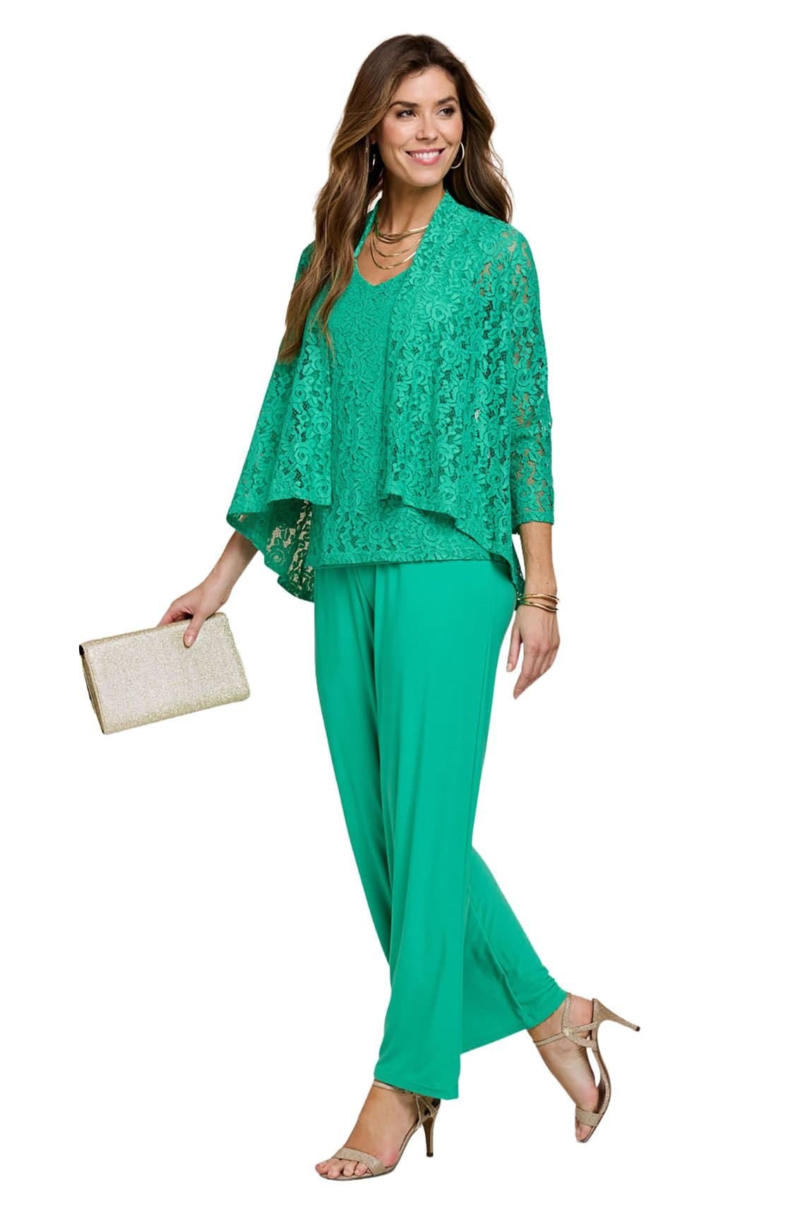 Amber Amber Women's Three Piece Lace Trim Top & Trouser Co-Ord Set in Green
