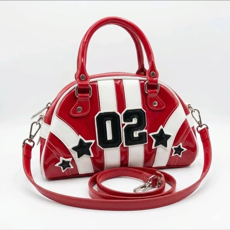 Bershka Bershka Y2K Style Red Patent Bowling Bag Crossbody Handbag Stars 02 Sporty Retro
