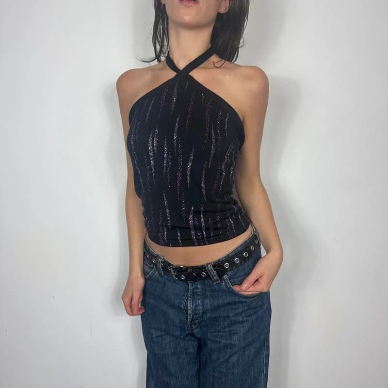 New Look Black and purple halter top with a touch of glitter #y2kfashion #ravevibes