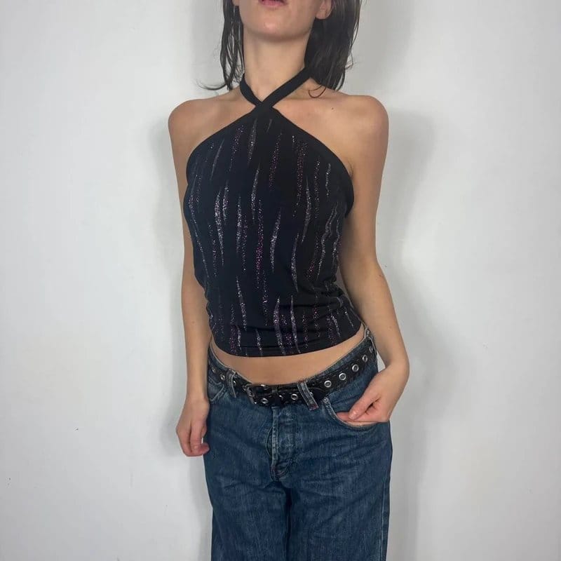 New Look Black And Purple Glitter Halter Top