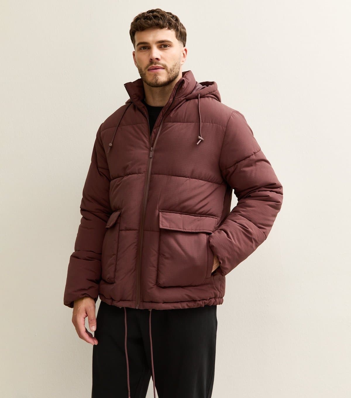 New Look Men's Dark Brown Hooded Puffer Jacket New Look