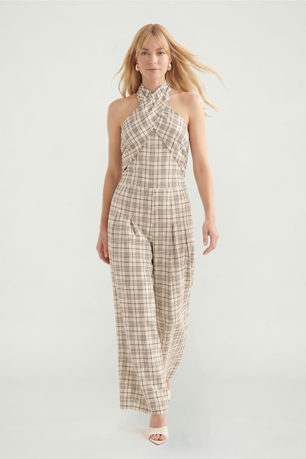 Lily and Lionel Lily and Lionel Women's Ardern Halterneck Check Culotte Jumpsuit in Light Beige