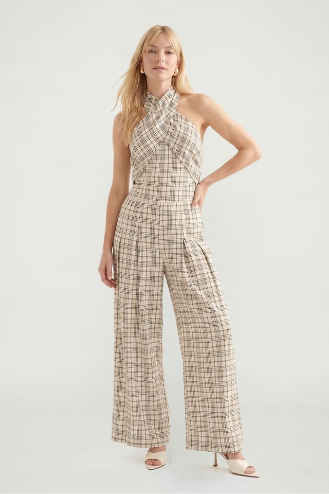 Lily and Lionel Lily and Lionel Women's Ardern Halterneck Check Culotte Jumpsuit in Light Beige - 2