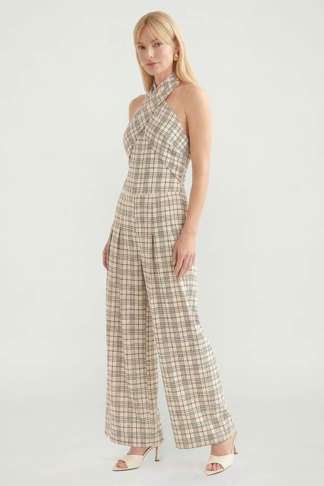 Lily and Lionel Lily and Lionel Women's Ardern Halterneck Check Culotte Jumpsuit in Light Beige - 3