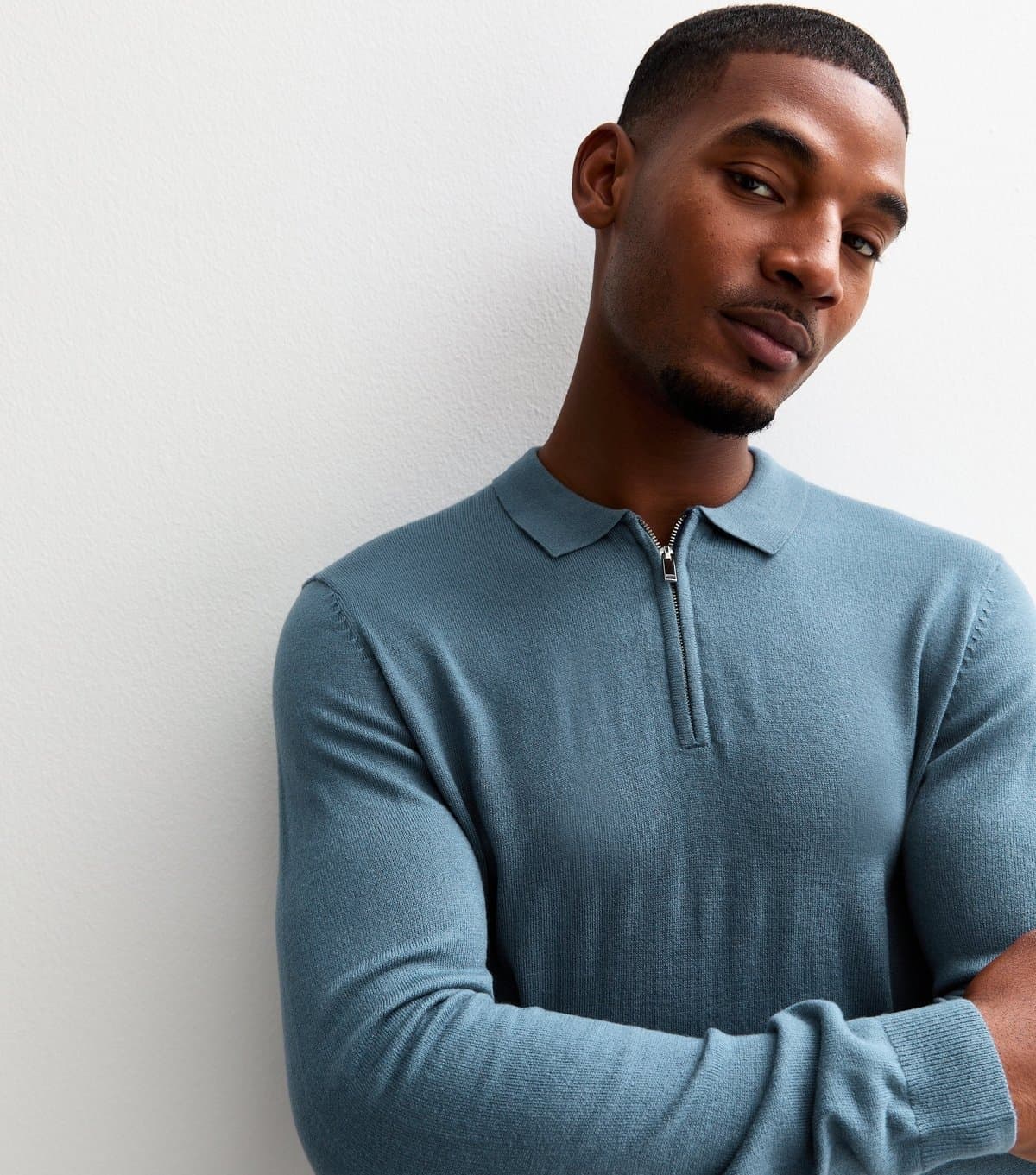 New Look Men's Blue Regular Fit Quarter Zip Knitted Polo Shirt New Look