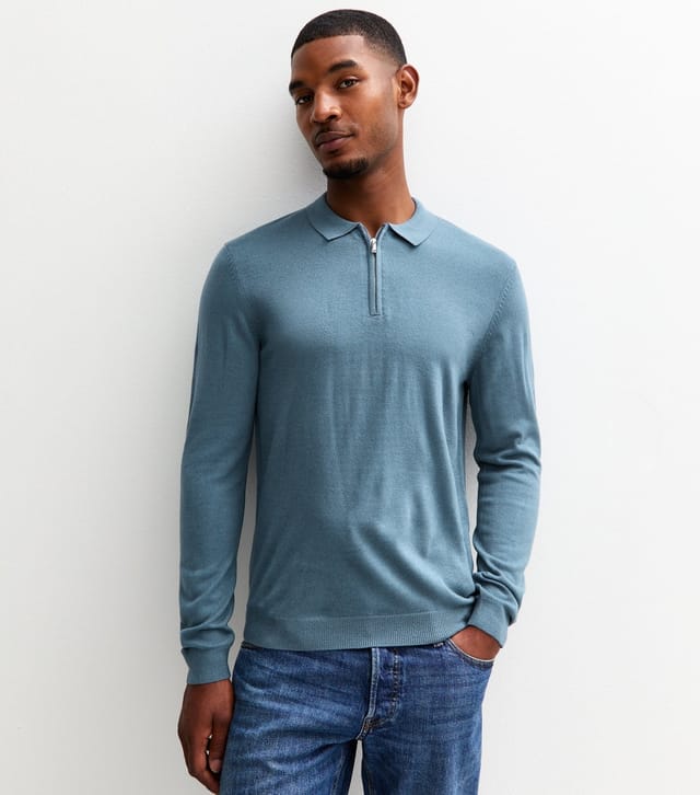 New Look Men's Blue Regular Fit Quarter Zip Knitted Polo Shirt New Look - 2