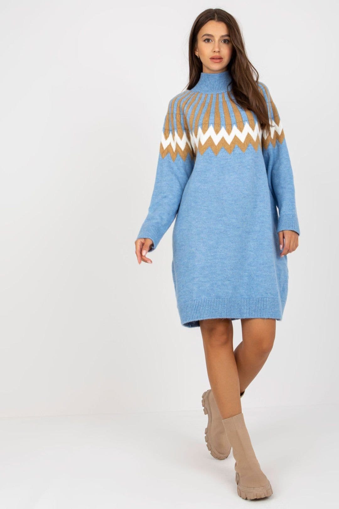 Love Lace Blue Geometric Knit Turtleneck Dress