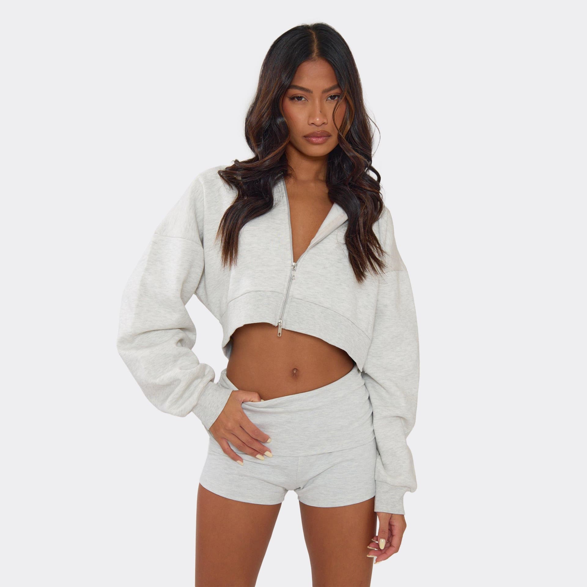 EGO EGO Light Grey Marl Long Sleeve Double Zip Cropped Boxy Hoodie